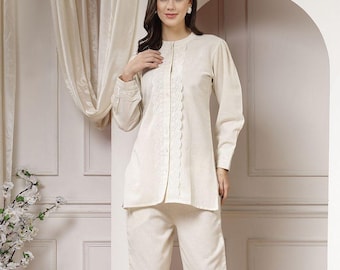 White Cotton Co-Ord Set for Women | Handcrafted Lace Detail Kurta Pant Set | Minimal Ethnic Wear | Summer Outfit/Made in India