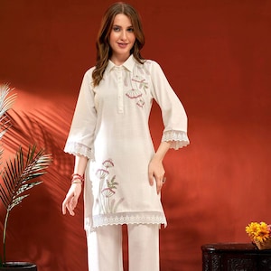 White Embroidered Kurta Pant Set for Women | Handcrafted Floral Kurti with Palazzo | Ethnic Summer Wear/Made in India