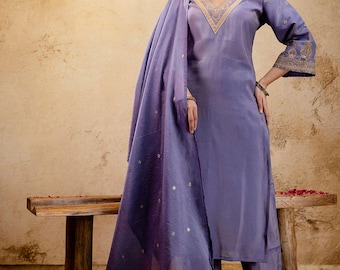Lavender Purple Embroidered Kurta Pant Dupatta Set for Women | Festive Ethnic Wear/Jaipur Kurti set/Made in India