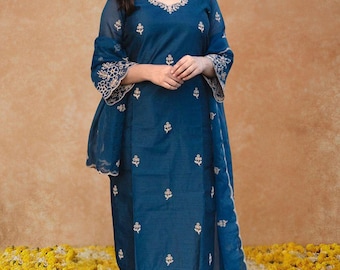 Royal Blue Embroidered Cotton Kurta Set |Handmade Ethnic Kurta Pant Dupatta | Indian Festive Wear | Navjyoti Embroidery Outfit/Made in India
