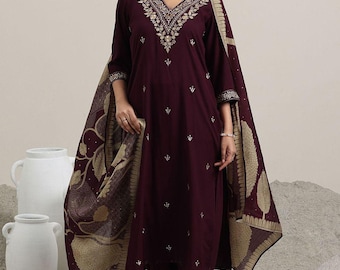 Maroon Embroidered Kurta Set for Women, Kurta Salwar Dupatta Set, Indian Ethnic Festive Wear Wedding Guest Outfit Gift/Made in India
