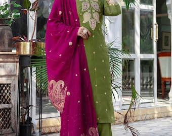 Green Embroidered Kurta Set for Women with Magenta Dupatta | Handcrafted Festive Ethnic Wear by Navjyoti Embroidery/Made in India