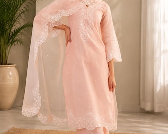 Peach Embroidered Kurta Palazzo Set for Women, Indian Ethnic Outfit, Chikankari Style Kurta Set, Cotton Kurta Pant Set, Elegant Traditional