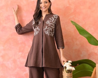Hand bestickt braun Kurta Hosenset für Frauen | Baumwoll Co-Ord Set | Ethnische Kleidung | Lässiges & Festliches Indianer Outfit | Hergestellt in Indien