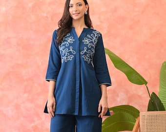 Conjunto de pantalón kurta de algodón azul bordado a mano para mujer / Ropa étnica informal / Conjunto de verano / Traje indio hecho a mano / Hecho en India