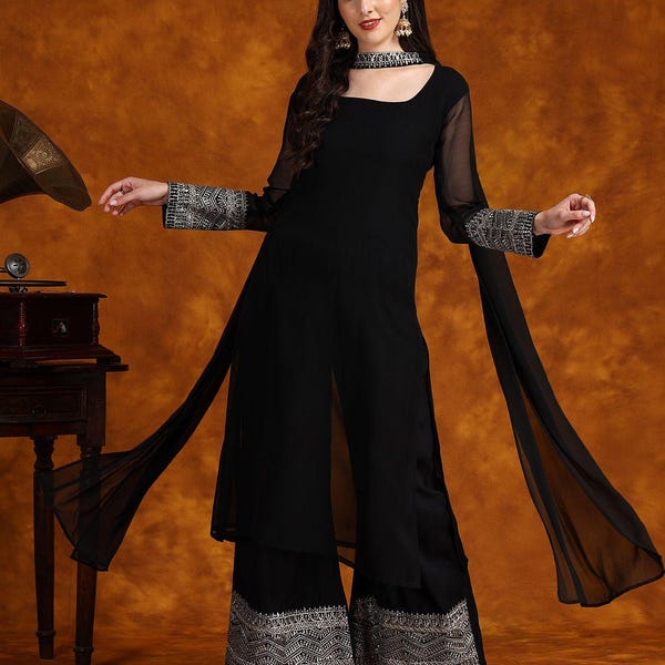 Ensemble complet brodé Sharara noir pour femme | Tenue de fête | Le designer Kurta avec Dupatta | Tenues de mariage et de célébration/Inde