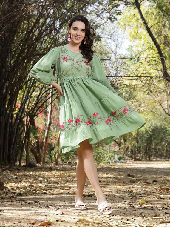 Stylum Women's Pestal Green Solid & Embroidered Cotton Tiered Dress (DRSPISTALEETA) S Stylum Women's Pestal Green Solid & Embroidered Cotton Tiered Dress (DRSPISTALEETA) S