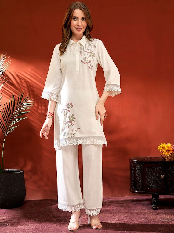 White Embroidered Kurta Pant Set for Women | Handcrafted Floral Kurti with Palazzo | Ethnic Summer Wear/Made in India