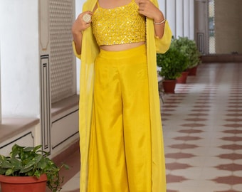 Yellow Palazzo Set with Cape Jacket, Mirror Work Blouse, Indian Wedding Outfit, Bridesmaid Dress, Festive Party Wear/Made in India