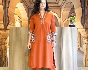Orange Hand Embroidered Kurta Set for Women, Cotton Kurta Pant Set, Indian Ethnic Wear, Festive Casual Kurti with Pants/Made in India