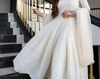 White Chikankari Anarkali Suit for Women | Handcrafted Cotton Ethnic Wear for Festive, Office & Special Occasions/Made in India