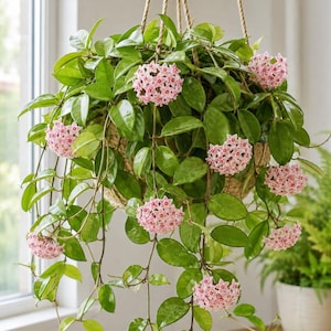 May include: A Hoya carnosa plant in a hanging basket with glossy green leaves and multiple clusters of star-shaped, pale pink flowers with dark pink centers. The plant is suspended by thick rope, showcasing trailing vines and blooming flower heads.