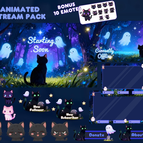 Gruseliger Wald Twitch Overlay | Animiertes Overlay Stream Paket | Katze Twittch Overlay | Süßes Twitch Overlay| Spukt | Dunkel