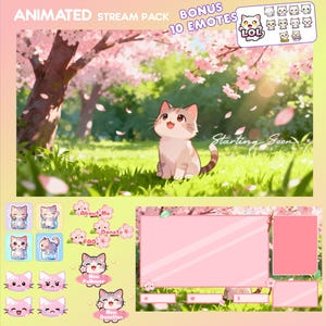 以下が含まれることがあります： 桜のシーンにいるかわいい漫画の猫が登場するアニメーションストリームパック。ボーナス絵文字とテキストボックス付きのピンク色のオーバーレイが含まれています。「Starting Soon」の文字も表示されます。