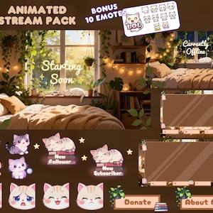 以下が含まれることがあります： 居心地の良い寝室をテーマにしたアニメーションストリームパック。画像にはベッド、植物、ストリングライトが含まれています。「Animated Stream Pack」、「Bonus 10 Emotes」、「Starting Soon」、「Currently Offline」というテキストが含まれています。猫の絵文字とボタンも特徴です。