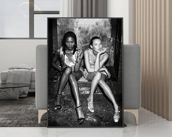 Plakat z fotografią modową Naomi Campbell i Kate Moss w stylu vintage – wydruk bez ramki – czarno-biały plakat dekoracyjny – wystrój pokoju