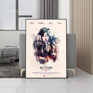 Peut inclure: Affiche encadrée de "The Witcher: Wild Hunt" avec Geralt de Riv, Yennefer de Vengerberg, Triss Merigold et Cirilla de Cintra. L'affiche a un style sombre et artistique avec le titre "The Witcher: Wild Hunt" en évidence.