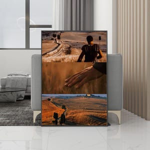 Könnte beinhalten: Ein gerahmter Druck mit drei Landschaftspanels. Das obere Panel zeigt eine Figur auf einem Feldweg. Das mittlere Panel zeigt eine Hand, die Weizen berührt. Das untere Panel zeigt ein Feld mit Heuballen.
