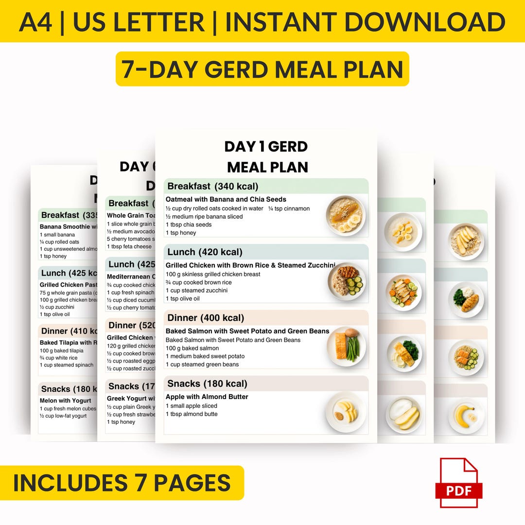 Gerd Menu Plan Example 7 Day GERD Meal Plan Printable | Acid Reflux Meal Plan | Heartburn Diet ...