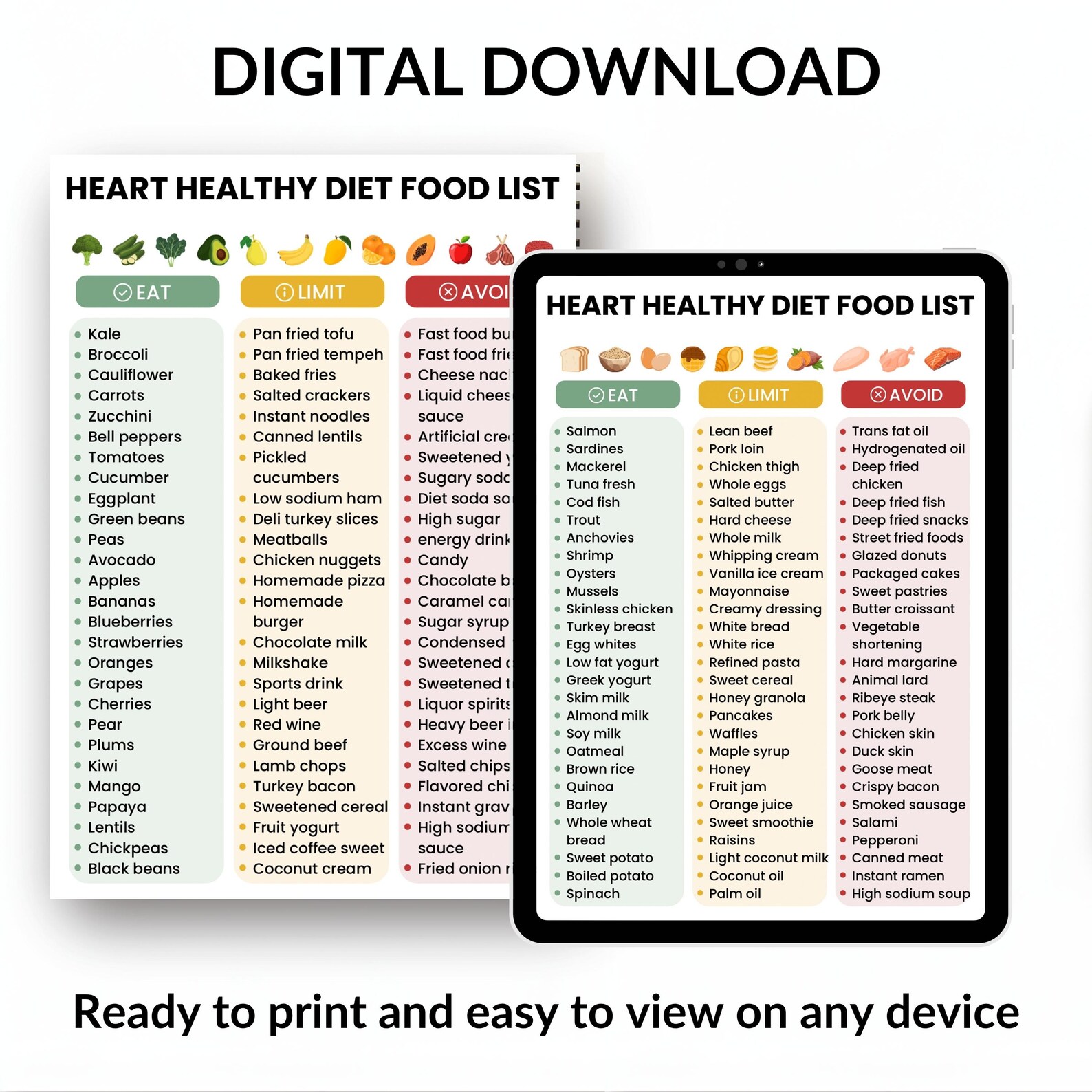 Heart Healthy Food List Printable | Cardiac Diet Menu Guide | Low ...