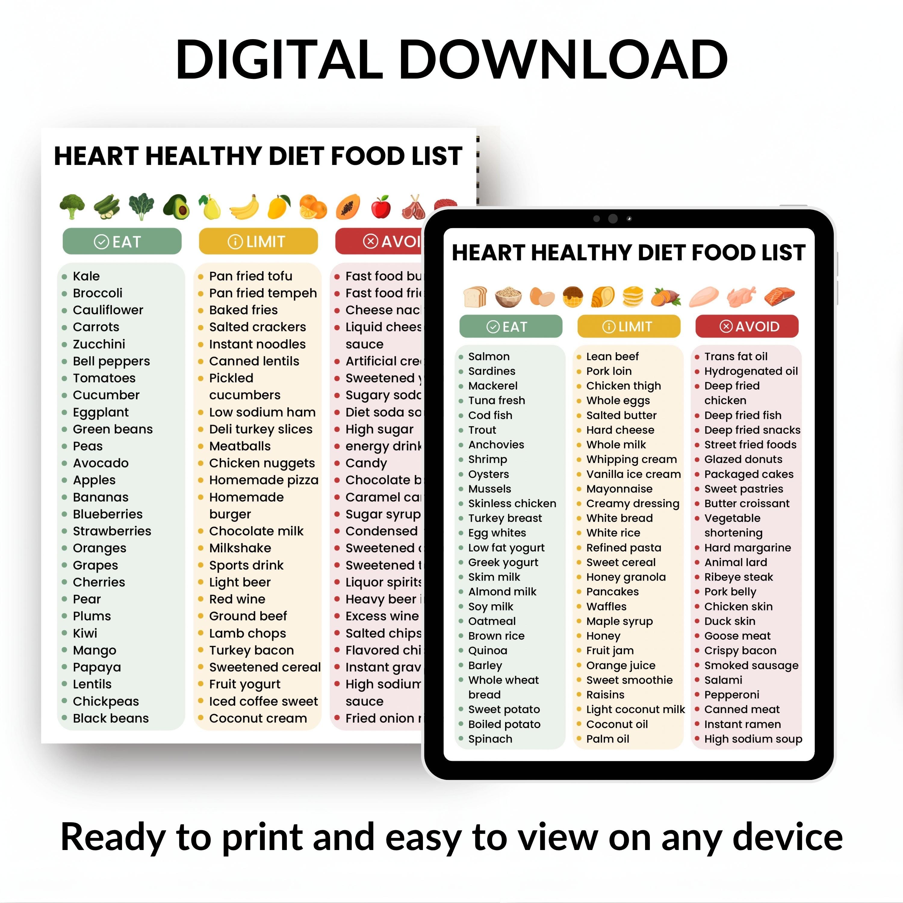 Heart Healthy Food List Printable | Cardiac Diet Menu Guide | Low ...