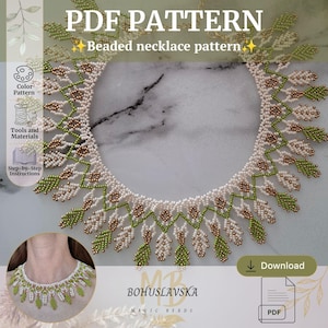 May include: A PDF pattern for a beaded necklace featuring white, green, and bronze seed beads arranged in a chevron and leaf design. The document includes text reading PDF PATTERN, Beaded necklace pattern, BOHUSLAVSKA MAGIC BEADS, and Download.