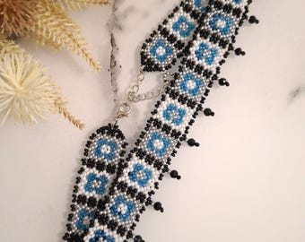 Ukrainische Perlen Choker Halskette Schwarz Blau Weiß | Handgemachter Volksschmuck | Traditionelle Halskette