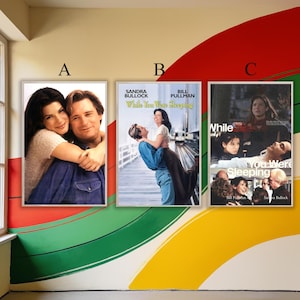 Può includere: Tre poster cinematografici incorniciati del film "While You Were Sleeping" sono esposti su un muro. I poster presentano Sandra Bullock e Bill Pullman. Il muro è dipinto con un design colorato.