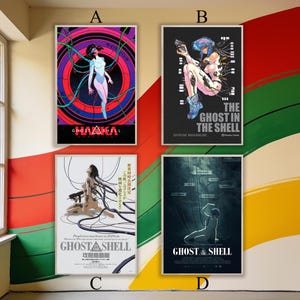 May include: Four framed posters featuring anime-style artwork. The posters showcase characters and text from "Ghost in the Shell" and "Haaka". The color palette includes vibrant reds, blues, and greens, with a futuristic aesthetic.