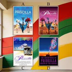 Pode incluir: Quatro cartazes emoldurados do filme "Priscilla, a Rainha do Deserto" são exibidos. Cada cartaz apresenta o título do filme e imagens de drag queens e um ônibus. Os cartazes estão em uma sala com decoração de parede colorida.