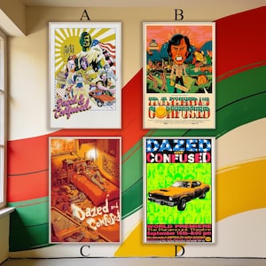 May include: Four framed movie posters from the film "Dazed and Confused" are displayed on a wall. The posters feature colorful illustrations and the film's title. The posters are in white frames and are of various sizes.