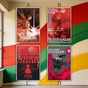 May include: Four framed posters showcasing artwork from the anime series Neon Genesis Evangelion. The posters feature diverse imagery, including a winged character, text, and graphic designs in red, black, and white.