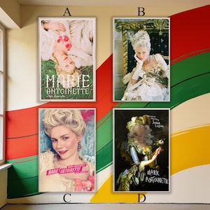 May include: Four framed movie posters for "Marie Antoinette." Each poster presents a different image of the main character, with diverse colour schemes and artistic styles. The posters are displayed on a wall with colourful abstract paint.