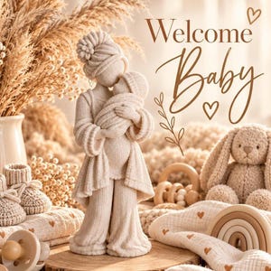 Op de afbeelding: Een beige beeldje van een persoon die een ingebakerde baby vasthoudt, staand op een houten voet. De tekst "Welcome Baby" staat in bruin schrift. Omringende items zijn een beige gebreid konijn, een houten regenboog, een speen en babyslofjes.