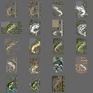 May include: A series of fishing-themed designs showcasing illustrations of different fish. Each design incorporates a camouflage pattern and a stylized American flag motif. The fish are shown in various poses, some leaping from water, others with fishing lines.