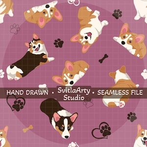 Op de afbeelding: Een naadloos digitaal patroon met geïllustreerde Corgi-honden in verschillende houdingen, waaronder zittend, liggend en achteromkijkend, afgewisseld met zwarte pootafdrukken, botten en hartvormige pootcontouren op een mauve rasterachtergrond.