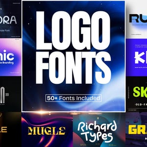 Puede incluir: Imagen promocional que muestra varias fuentes de logotipos. El texto central dice "LOGO FONTS" con "50+ Fonts Included" debajo. Se muestran varios ejemplos de fuentes, incluyendo "SYMORA", "Mythic", "CROWN", "RUNEX", "Klaft", "SKATERS", "NOGLE", "MUGLE", "Richard Types" y "GRAVOX".