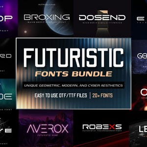 Może przedstawiać: Zestaw futurystycznych czcionek o unikalnej geometrycznej i nowoczesnej estetyce. Pakiet zawiera ponad 20 plików OTF/TTF. Obraz przedstawia przykłady czcionek, takie jak GEYOP, BROXING i DOSEND, na ciemnych, kosmicznych tłach.