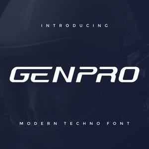 Puede incluir: Gráfico azul oscuro con el texto blanco «INTRODUCING» en la parte superior y «GENPRO» en una fuente moderna y en negrita. Debajo, se muestra el texto «MODERN TECHNO FONT». El fondo es una imagen borrosa.