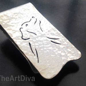 Clip de dinero de plata de primera ley martillado con perro estampado a mano, clip de dinero para perros