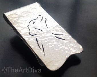 Recycled sterling silver money clip hammered with hand stamped dog, dog money clip