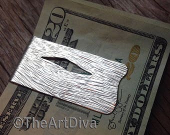 Recycled Sterling Silver Bark Textured Forged Money Clip, Unisex Hammered Money Clip