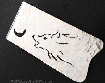 Recycled Wolf Silver Money Clip - Artisan wolf Money Clip - Hand Drawn Wolf Money Clip - Forged Money Clip