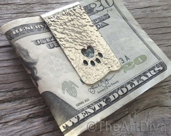 Reycyled sterling silver money clip hammered featuring a cut out 'heart paw'