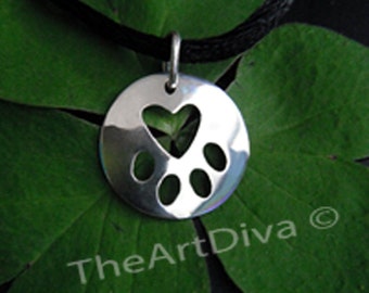 Sterling Silver Necklace - Animal Tag - Paw Print Necklace Pendant Charm in Sterling Silver 'Heart in a Paw" Pendant Charm