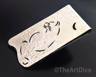 Recycled sterling silver money clip hammered with hand stamped cat, cat money clip