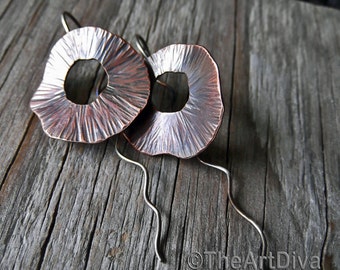 Recycled Copper and Sterling Silver Earrings - Forged Copper Circles with Long Wavy Ear Wires