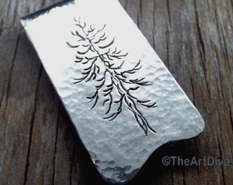 Recycled Sterling Silver Money Clip - Artisan Money Clip - Hand Drawn Money Clip - Forged Money Clip - Pine Tree