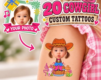 Personalized Cowgirl Temporary Tattoos, Custom Photo Tattoos, Temporary Cartoon Tattoos, Party Favors Gifts.