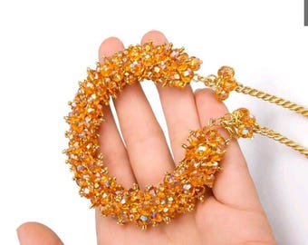 Handmade Golden Amber Beaded Hoop Earrings with Twisted Gold